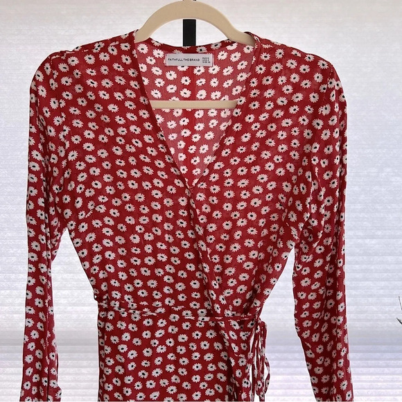 Faithfull the Brand Danica Poppy Floral Wrap Mini Dress Red 2 Spring Feminine - Picture 2 of 5